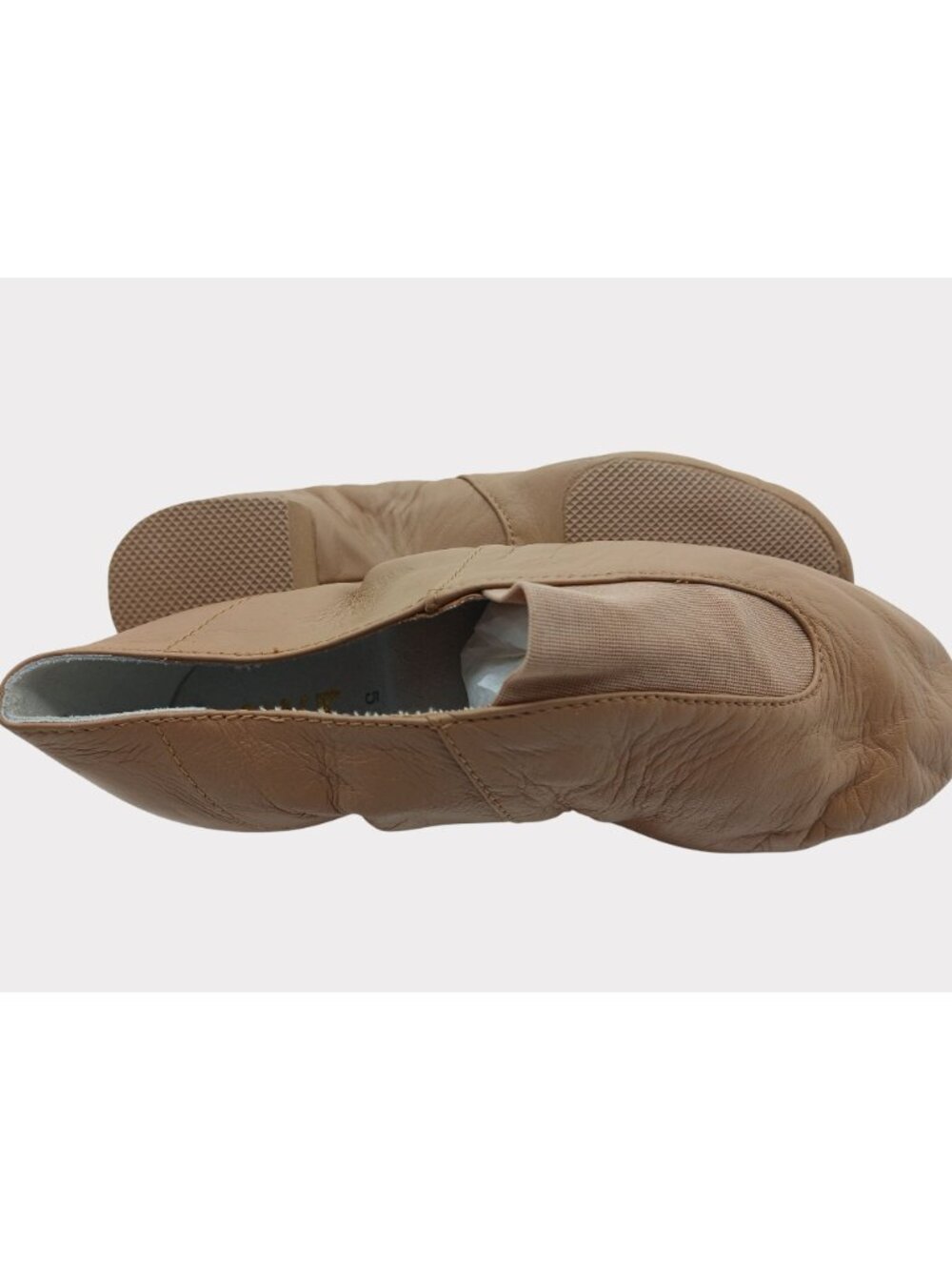 Bloch Tan Split Sole Slip On Jazz Shoe Size 5 Elastic Panel Rubber Sole Heel - Picture 9 of 11
